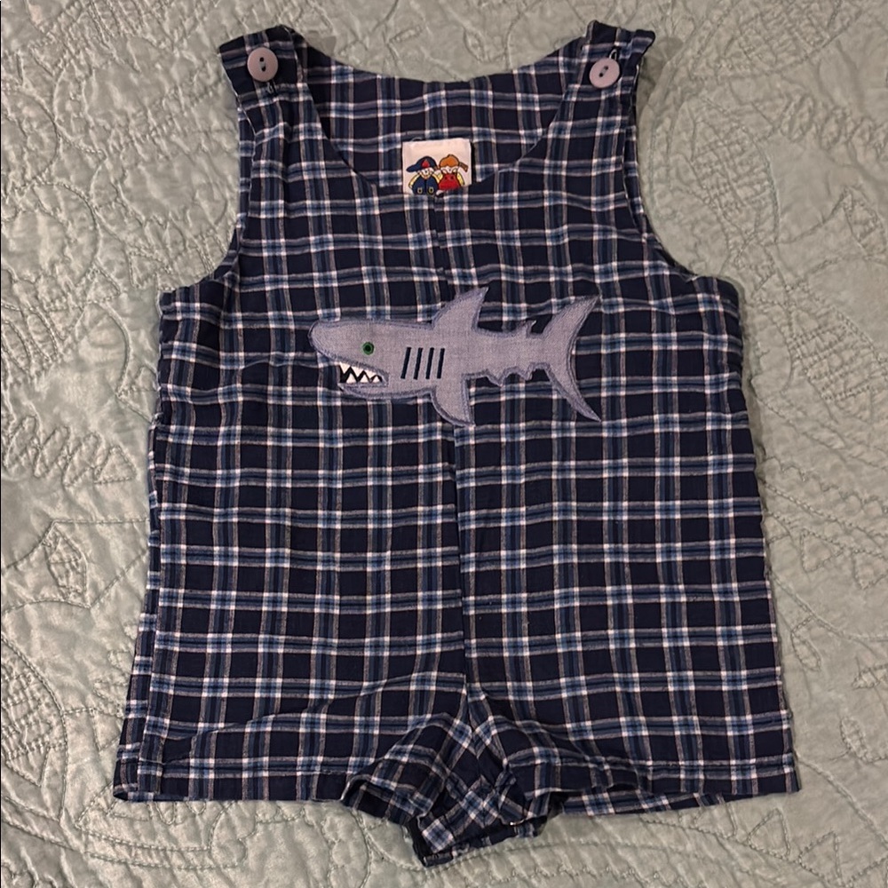 Pitts Partner vintage Blue Plaid Shark Overalls size 6-9m
